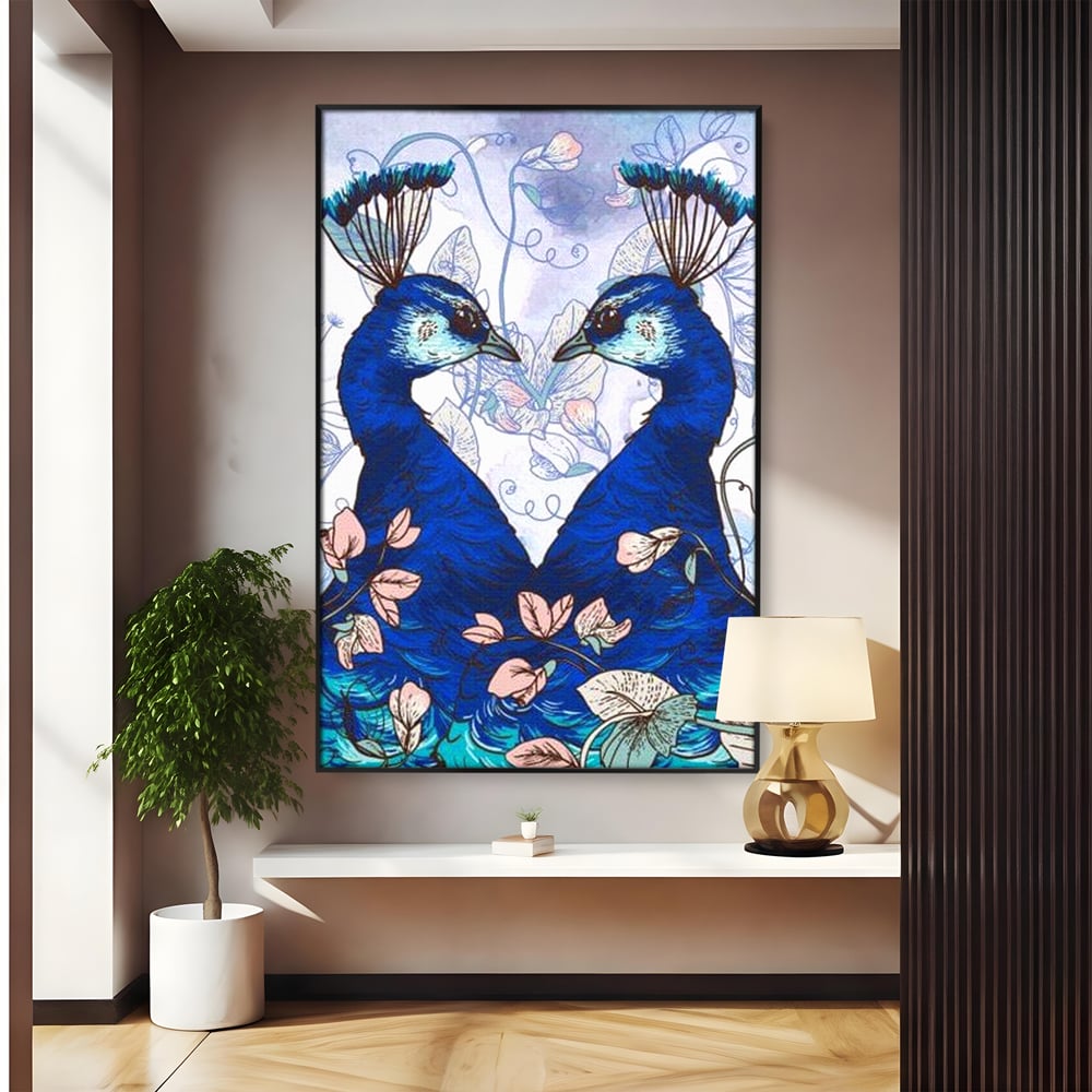 Tablou canvas cu tablou canvas cu doi pauni albastri, in rama de aluminiu negru
